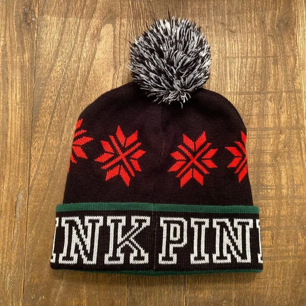 PINK Victoria's Secret Pom Pom Cuffed Beanie Hat One Size OS Acrylic